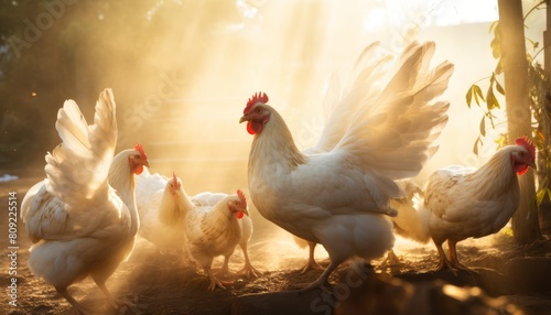 Backlit chickens in a farmyard during golden hour, exuding a rustic charm photo
