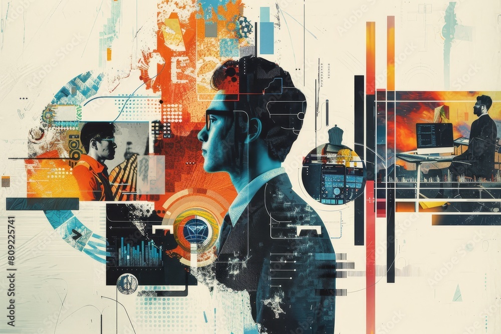 Obraz premium A digital collage featuring a man wearing a suit and tie, A digital collage inspired by the innovative work culture of a top tech company