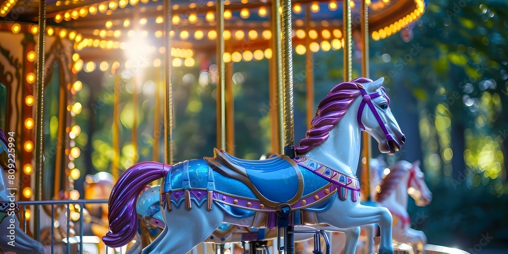Details of a carousel ride at an amusement park during festive events. Concept Carousel ride, Amusement park, Festive events, Childhood memories, Fun activities