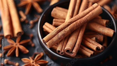  Black bowl cinnamon sticks gray tablecloth