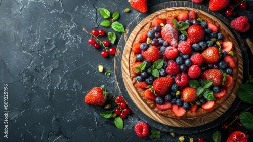   A tight shot of a berry-laden pie on a white table against a black backdrop Mint leaves garnish the plate