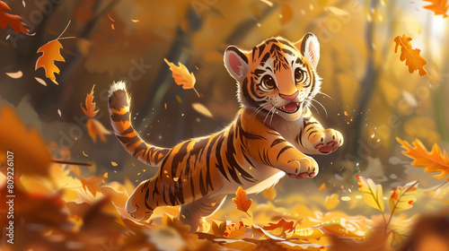 An energetic chibi tiger cub playfully pouncing on fallen leaves, tail wagging with excitement, cute creatures, chibi style photo
