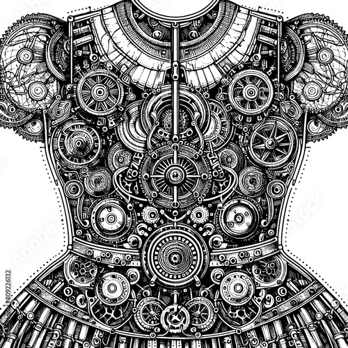 Fashion design, mechanical iron dress. Sketch board imitation. Vector, generative ai.