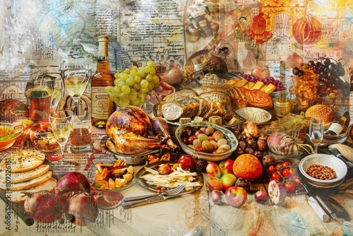 A painting depicting a variety of traditional Yom Kippur foods arranged on a table, A digital collage of traditional Yom Kippur foods and rituals