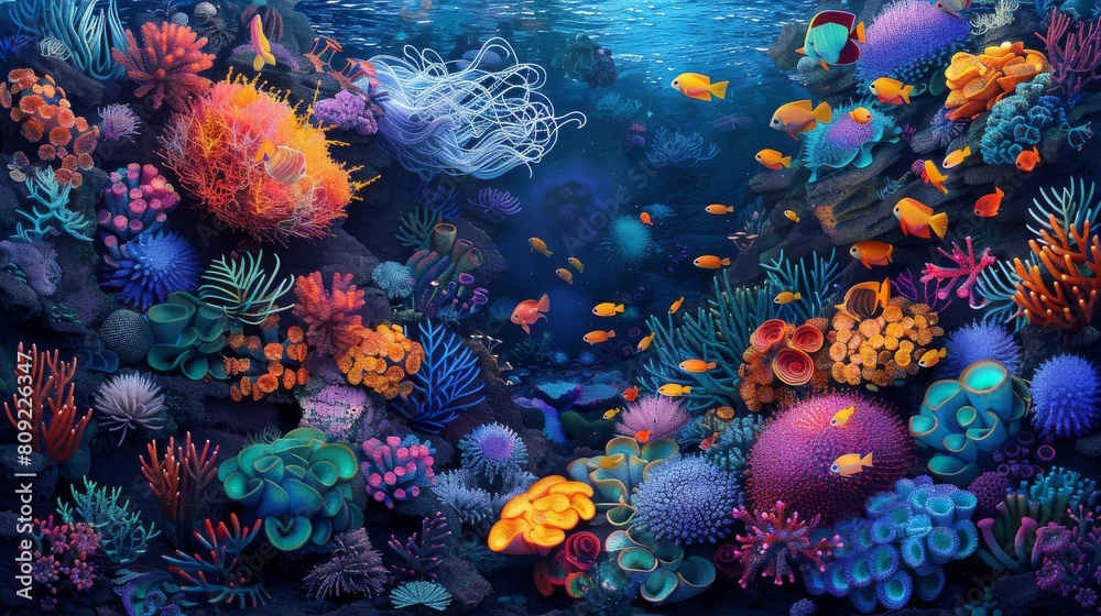 A colorful underwater scene with many fish and coral A colorful underwater scene with many fish and coral