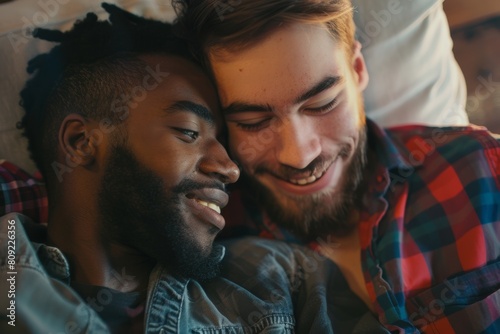 Two men are hugging each other and smiling