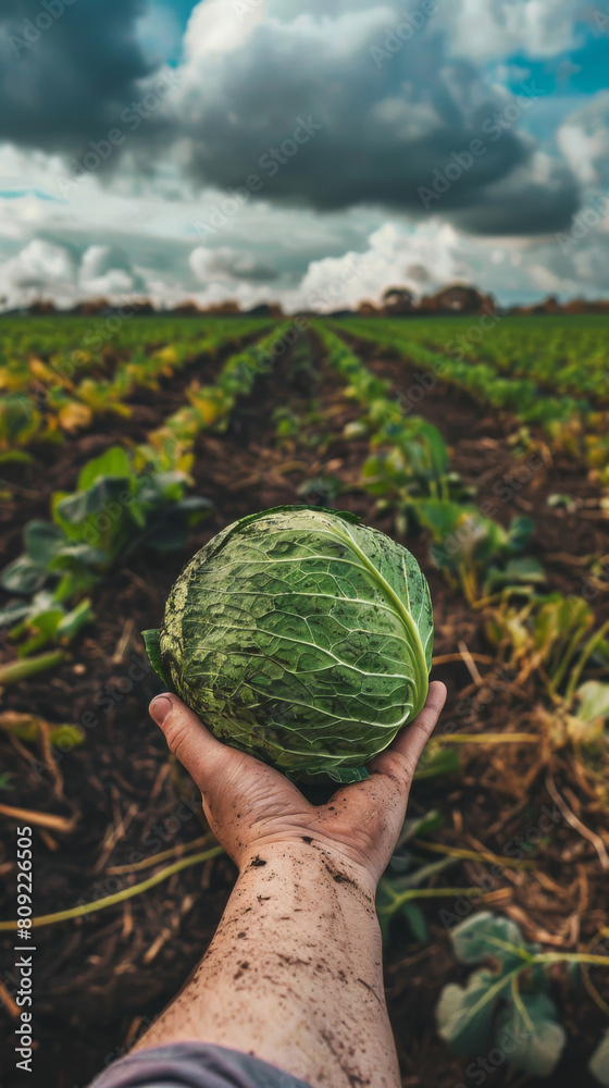 Hand holding a cabbage in a farm field under a cloudy sky Hand holding a cabbage in a farm field under a cloudy sky