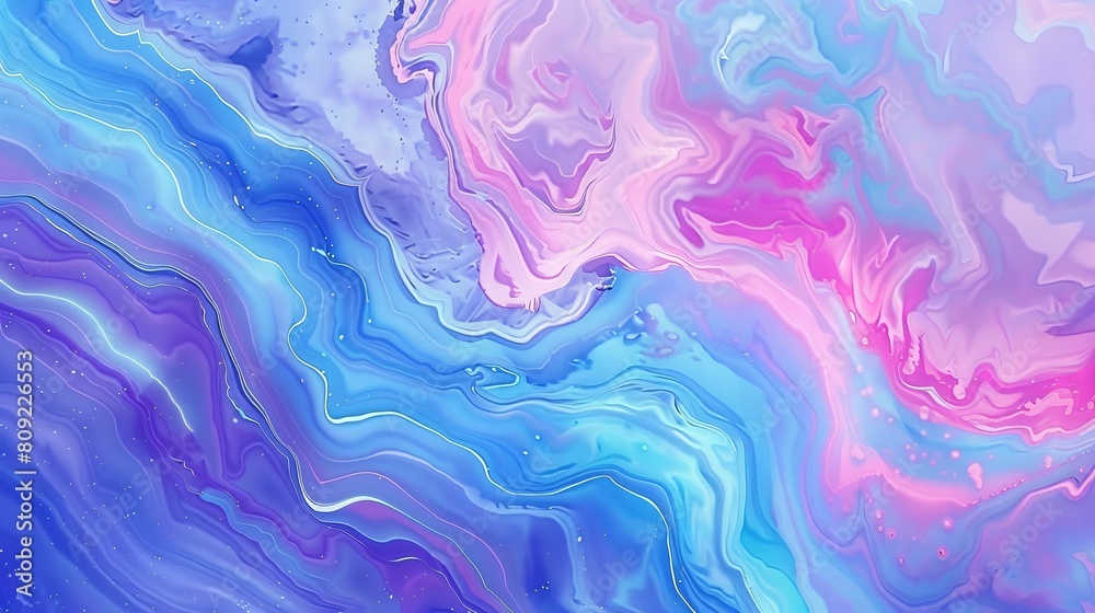 Light violet, pink, and blue color stripes converge in a psychedelic holographic background with a marble-like structure, offering a unique visual experience.