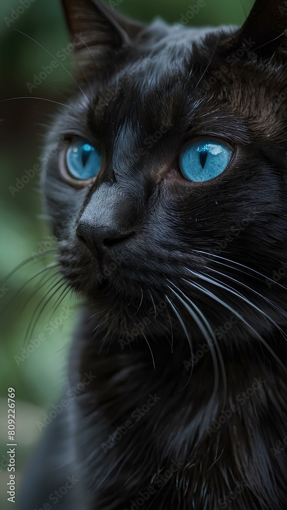 Close-up view of a Black Cat pet face with blue eyes. AI Generated