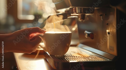 Barista making coffee with professional coffee machine AIG51A. photo