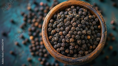  Wooden bowl brimming with black pepper rests atop azure countertop; adjacent stands pepper seed heap