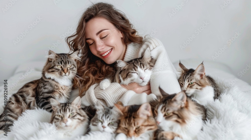 Pets and people concept - happy young woman with group of cats lying in bed at home Pets and people concept - happy young woman with group of cats lying in bed at home