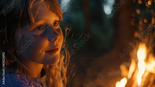 A young girl is enjoying the warmth and fun of sitting by the fire in the darkness of the night. The flickering flames cast a glow on her flesh as she watches the midnight event unfold AIG50