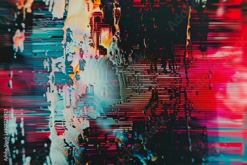 An abstract painting featuring a myriad of bright and varied colors creating a dynamic and lively composition, A digital glitch effect that appears like static on a TV screen photo