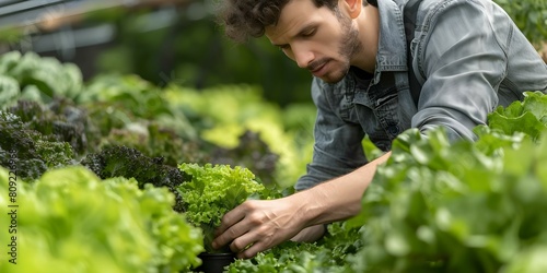 Owner of a hydroponic garden inspects organic produce in greenhouse for delivery to consumers. Concept Hydroponic Garden, Organic Produce, Greenhouse Inspection, Produce Delivery