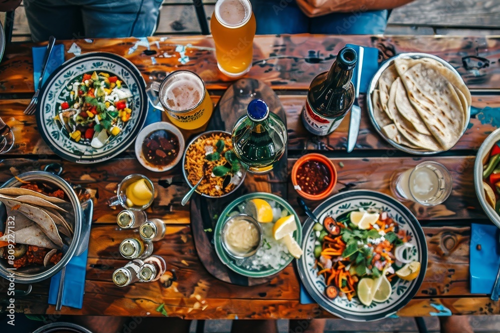 A table with a variety of food and drinks, including a bottle of Corona