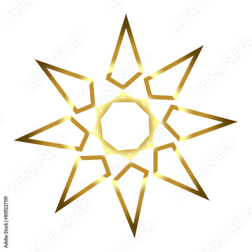 Estrela de oito pontas em degrade dourado. Forma abstrata, pontiaguda com círculo no centro. photo