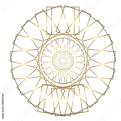 Um círculo formado por elementos quadrados alinhas perfeitamente ao centro. tons de dourado. Elemento, símbolo abstrato.  Mandala. photo
