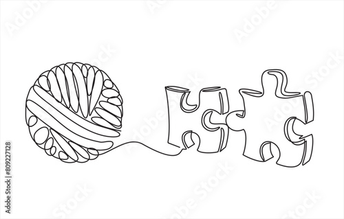 Chaos and order abstract minimalist concept vector illustration. Metaphor of disorganized difficult problem, mess with black single continuous tangle thread in need of unraveling isolated on white