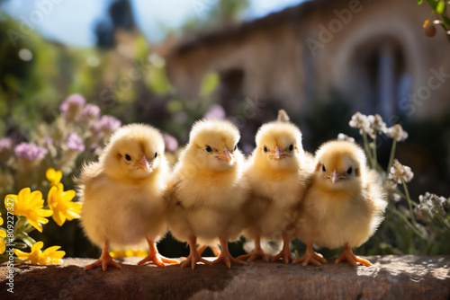 Portrait of small baby chickens on an old stone fence with flowers, on a ranch in the village, rural surroundings on the background of spring nature © soleg