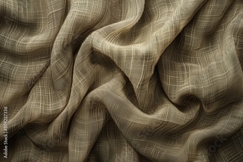 Detailed close-up of a tan fabric texture with visible fibers and intricate weaving pattern, A digital interpretation of a linen fabric with a rough, textured surface photo