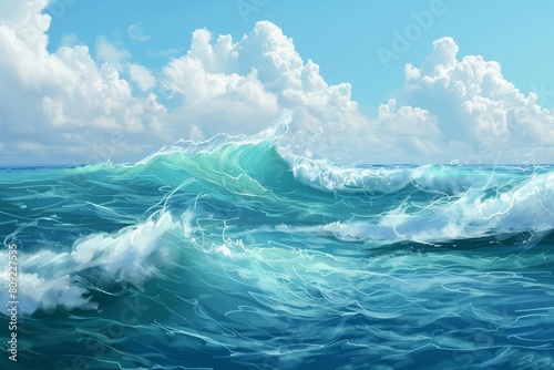 Vast Ocean Landscape, A digital interpretation of a tranquil blue ocean scene with gentle waves against a vibrant blue background