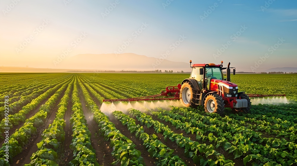 Red tractor tilling soil on lush farm field at sunset. Agriculture and modern farming concept, capturing the essence of rural life. Professional stock photography for your project. AI Red tractor tilling soil on lush farm field at sunset. Agriculture and modern farming concept, capturing the essence of rural life. Professional stock photography for your project. AI