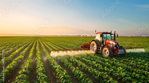 Red tractor tilling soil on lush farm field at sunset. Agriculture and modern farming concept, capturing the essence of rural life. Professional stock photography for your project. AI