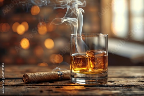 A glass of whiskey stands on the table, a cigar smokes nearby. Luxurious life. photo