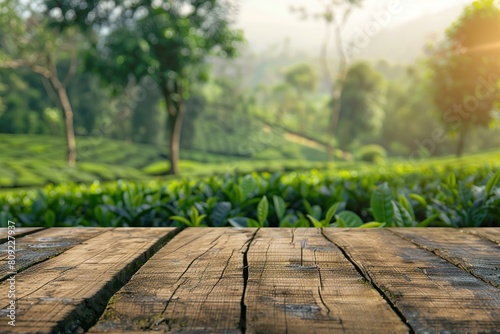 Empty wooden table on green tea plantation background