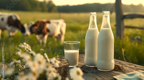 Fresh dairy milk in glass bottles on rustic wooden table, sunrise on a farm, healthy breakfast concept, sustainable living, country style. AI