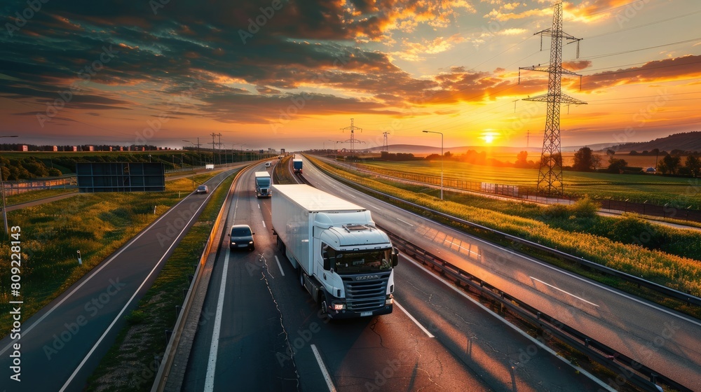 trucks and cars navigates the highway against the backdrop of a vibrant sunset and looming dark clouds in the springtime.