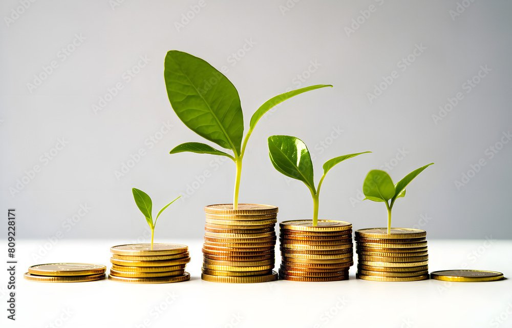 green plant growing on golden coins stacks on white background green plant growing on golden coins stacks on white background