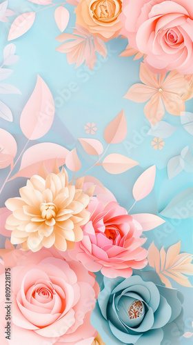 Pink and yellow flowers blooming against a vibrant blue background.