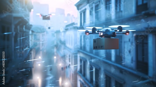 Futuristic drone flying over urban landscape  delivering package. High-tech delivery service  cityscape drone photography. Modern technology in urban delivery. AI