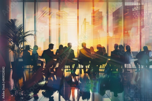 Multicultural team sitting around a table, engaged in a meeting or discussion, A digital representation of a diverse group of coworkers collaborating in a corporate setting photo