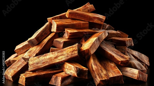   A pile of chopped wood rests atop a black table alongside cut-up pieces of wood photo