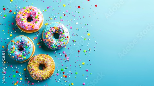  Three donuts with sprinkles against a blue backdrop Each donut is decorated with colorful sprinkles