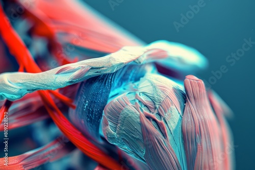 An intricate view showcasing the muscles of a human body up close, A digital representation of the connective tissues in the shoulder appearing stretched or torn photo