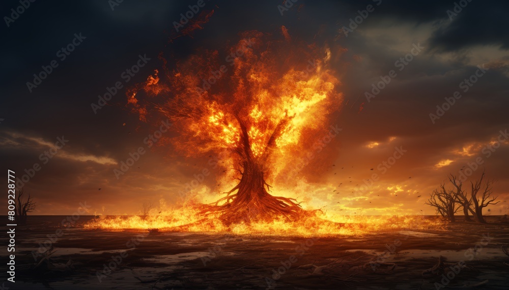 Majestic tree engulfed in flames during a dramatic sunset
