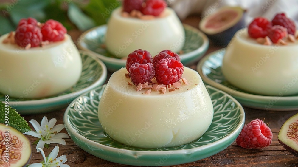A close-up of a plate with desserts and raspberries on top A close-up of a plate with desserts and raspberries on top