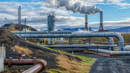 a geothermal power plant, its colossal pipes and towering high-voltage lines standing boldly against the canvas of a clear blue sky.