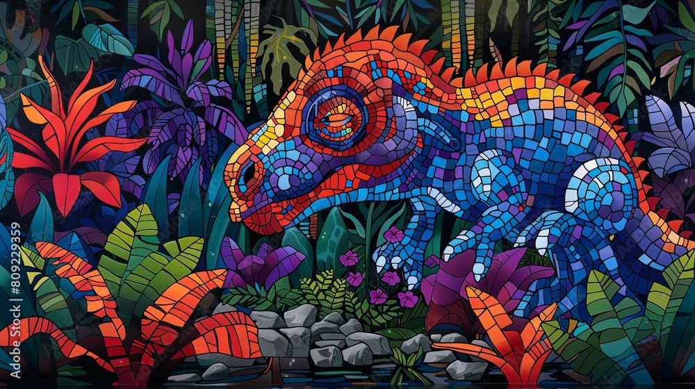 A colorful mosaic of a dinosaur in a jungle setting