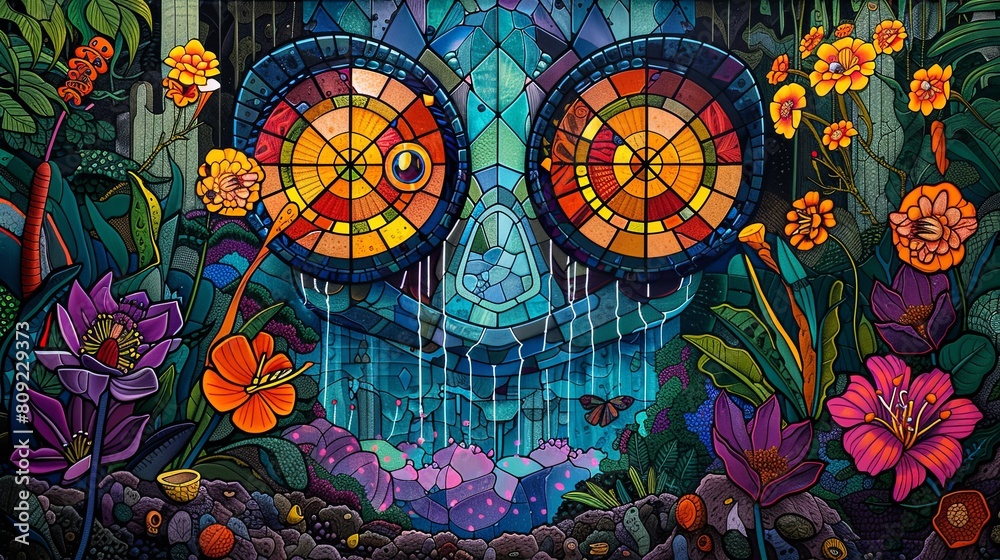 A colorful painting of a skull with two eyes and a flower in the background