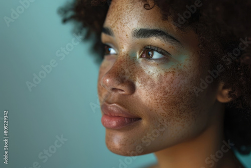 Close-up of a young woman displaying natural pigmentation and melasma on her face, showing confidence and beauty in diversity photo