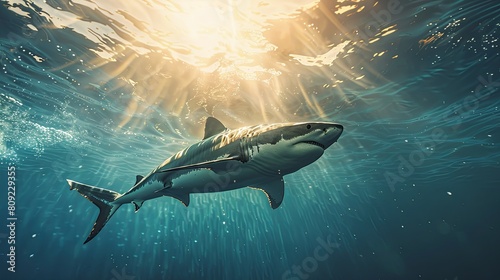A shark is swimming in the ocean. The water is clear and the sun is shining brightly. The shark is the main focus of the image.