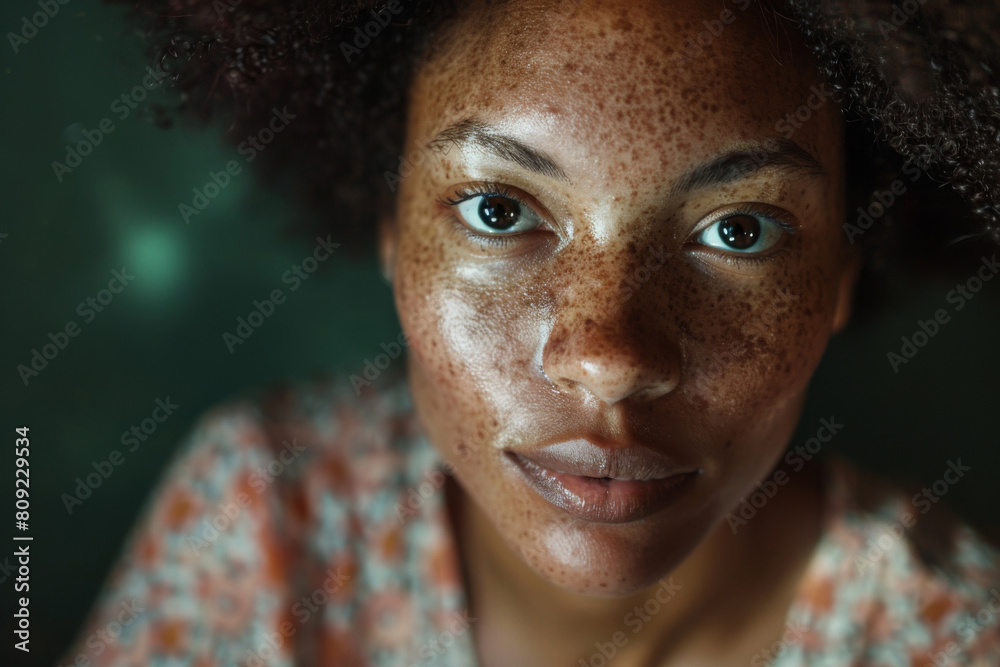Portrait of a confident young woman showcasing her natural skin pigmentation known as melasma against a dark background Portrait of a confident young woman showcasing her natural skin pigmentation known as melasma against a dark background