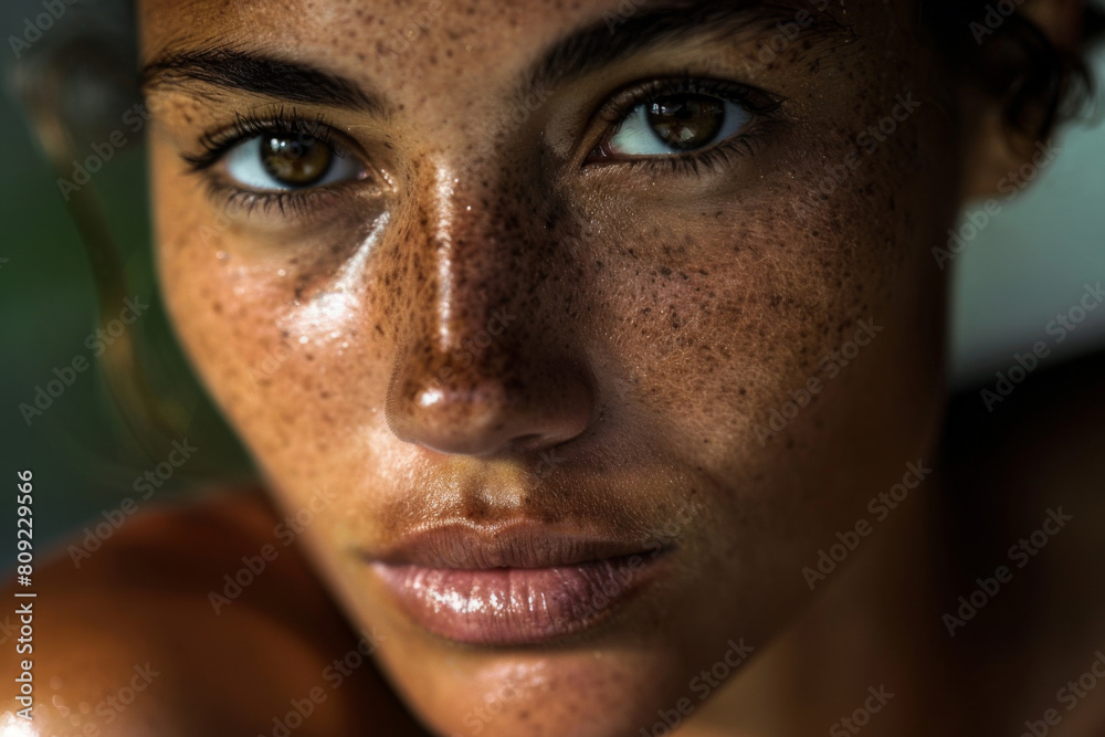 Close-up of a young woman's face showcasing natural skin pigmentation and the beauty of freckles, emphasizing melasma and complexion