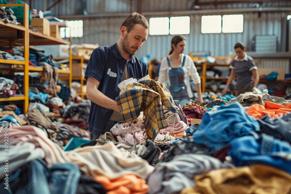 A man is sorting through a pile of clothes in a warehouse
