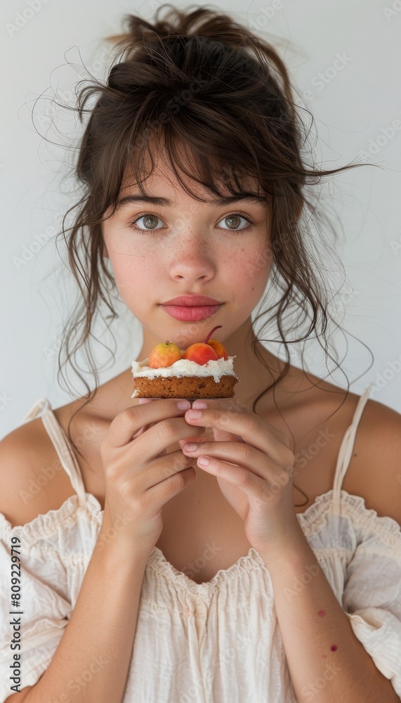 Young girl holding a tart with berries, studio portrait. Healthy eating and lifestyle concept. Young girl holding a tart with berries, studio portrait. Healthy eating and lifestyle concept.